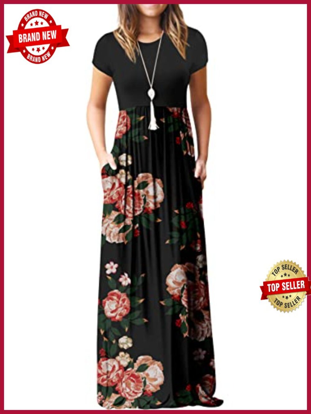 Women's Short Sleeve Maxi Dress Rayon Spandex A-Line With Pockets